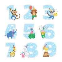 Birthday party numbers set with cute animals. Anniversary card templates for kids. Bright blue holiday illustration with funny forest and tropical characters. Festive design collection for children vector