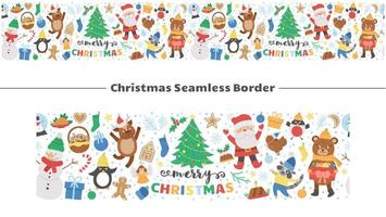 Vector seamless border brush with Christmas elements. Traditional New Year party horizontal background. Funny pattern with Santa Claus, deer, bullfinch, present, cute animals.