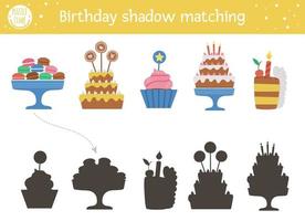 Birthday shadow matching activity for children. Fun puzzle with cute party desserts. Holiday celebration educational game for kids with cakes and candles. Find the correct silhouette printable vector