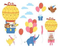 vector conjunto de globos de aire caliente, animales lindos, pájaros y nubes. adorable paquete de personajes voladores. divertida colección de imágenes prediseñadas de cumpleaños para tarjetas, carteles, diseño de impresión. ilustración brillante fiesta navideña