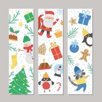 Vector Christmas bookmarks set with Santa Claus, fir tree, snowman, deer. Funny New Year design for banners, posters, invitations. Winter holiday vertical card template with cute animals