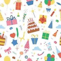 Vector seamless pattern with cute happy Birthday design elements. Party celebration repeating background. Vector holiday digital paper with bright presents, cake with candles, balloons, flags.