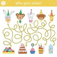 Birthday maze for children. Holiday preschool printable educational activity. Funny b-day party game or puzzle with cute animals and cakes, cupcakes, candies. Who gets what vector