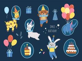 Vector set of cute animals in party hats and spacesuits. Space birthday clipart pack. Funny cosmic holiday forest and tropical characters. Cute illustration of giraffe, elephant, bear flying