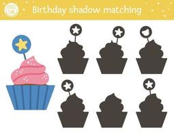 Birthday shadow matching activity for children. Fun puzzle with cute party dessert. Holiday celebration educational game for kids with cupcake. Find the correct silhouette printable worksheet. vector