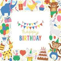 Vector square frame with happy Birthday elements. Traditional anniversary party clipart. Funny design for banners, posters, invitations. Cute festive holiday card template with cute animals.