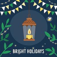 Holiday square greeting card template with cute lantern, garlands and green twigs. Christmas poster or festive party invitation with flags. Bright illustration with night lights. vector