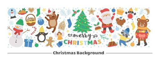 Vector horizontal layout frame with Christmas elements. Traditional New Year party clipart set. Funny design for web banners, posters, invitations. Cute winter holiday card template.