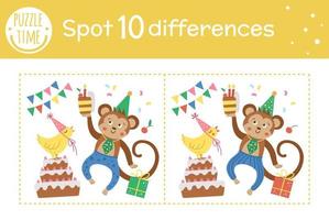 Birthday party find differences game for children. Holiday educational activity with funny jumping monkey with cake. Printable worksheet with smiling characters. Cute celebration puzzle for kids vector