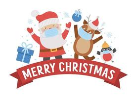Vector Merry Christmas composition with text, Santa Claus, deer, bullfinch in medical masks. Funny winter holiday background design for banners, posters, invitations. New Year card template