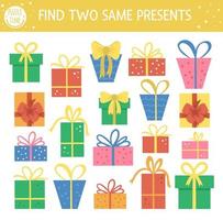 Find two same presents. Holiday matching activity for children. Funny educational Birthday party logical quiz worksheet for kids. Simple printable celebration game with cute gift boxes vector