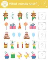 What comes next. Birthday matching activity for preschool children with traditional holiday symbols. Funny educational puzzle. Logical quiz worksheet. Continue the row. Simple party game for kids vector