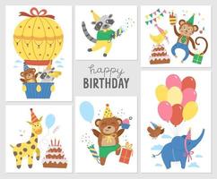 Vector set of Birthday party compositions with cute animals. Holiday background designs for banners, posters, invitations. Festive card templates with funny characters, presents, balloons