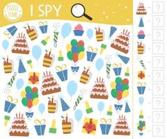 Birthday I spy game for kids. Searching and counting activity for preschool children with traditional holiday objects. Funny party printable worksheet for kids. Simple festive spotting puzzle. vector