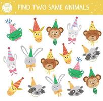 Find two same animals. Holiday matching activity for children. Funny educational Birthday logical quiz worksheet for kids. Simple printable celebration game with cute characters in cone hats