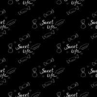 Candy doodle samless patteern. Sweet life lettering. Vector illustration.