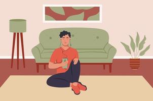 A young man with headphones and a phone at home. The guy listens to music, podcast, audiobook. Flat vector illustration