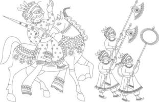 worrier and his army, wall painting, Rajasthan india. in Kalamkari folk style. art vector