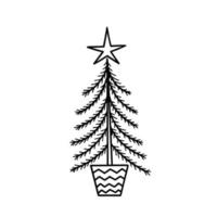 Christmas tree in pot with star. Illustration for printing, backgrounds, covers, packaging, greeting cards, posters, stickers, textile, seasonal design. Isolated on white background. vector