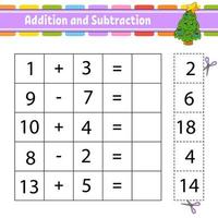 Addition and subtraction. Task for kids. Cut and paste. Education developing worksheet. Activity page. Game for children. Funny character. Isolated vector illustration. cartoon style.