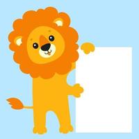 Funny lion. Cute cartoon character holding white blank poster. With place for text. Colored vector illustration.