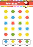 Counting game for children. Happy characters. Learning mathematics. How many object in the picture. Education worksheet. With space for answers. Isolated vector illustration in cute cartoon style.