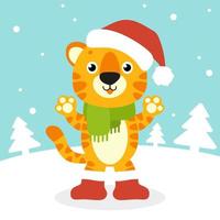 Tiger simbol in a santa hat. Cartoon character. Colorful vector illustration. Isolated on color background. Design element. Template for your design, books, stickers, cards.