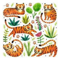 familia de tigres jugando y cazando en la selva grandes felinos salvajes y plantas tropicales símbolo del zodíaco del año acuarela ilustración dibujada a mano vector