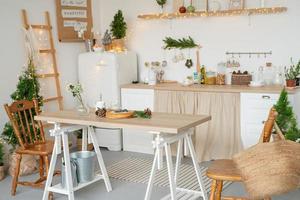 beautiful cozy kitchen decorated for Christmas photo
