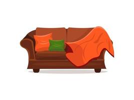 Cozy soft sofa with a plaid and cushions on a white background. Vector illustration in cartoon flat style