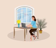 A woman works at a laptop at home office. Remote work, freelance or student. A woman is sitting at a table against the background of a window. Vector illustration