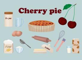 Cherry pie ingredients and baking tools. herry pie recipe. Vector illustration in cartoon style