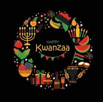 Vector collection of Happy Kwanzaa. Holiday symbols on black background in wreath.