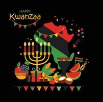 Vector card of celebration Happy Kwanzaa. Holiday symbols on black background in african map.