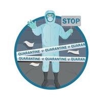 Doctor wearing blue protective suit to prevent Coronavirus on street background and quarantine tape. Concept of covid-19 quarantine. vector