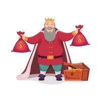 Illustration of an old king standing in treasure chamber and holding bags of gold in his arms. Greedy emotion, treasure chamber, taxes. vector