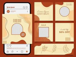 Social media post Vector set. Background template with copy space for text and images. Abstract coloured organic shapes, line arts , floral and leaves, modern warm color of the earth tone.