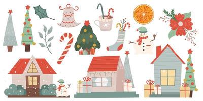 Winter Christmas set clip art isolated on white background.Winter houses, snowman, fir trees, orange and Christmas flower for decoration and festive ornament. Vector illustration in a flat style