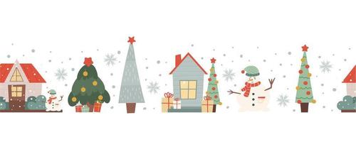 frontera sin costuras de invierno con casas, árboles de Navidad y un muñeco de nieve. Navidad de patrones sin fisuras. ilustración vectorial en estilo plano. vector