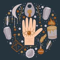 Circular esoteric design with all-seeing eye, amulets.Candles, crystals, talismans for witchcraft and reading of bereaved. Occult and clairvoyance set of objects. Vector illustration in flat style.