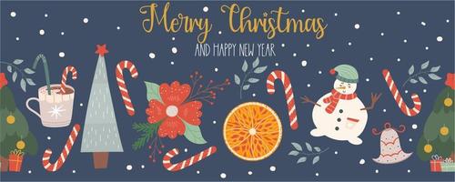 Borde transparente de Navidad sobre un fondo oscuro con la inscripción Feliz Navidad.Banner con texto y árboles, muñeco de nieve, naranja y piruletas para decoración festiva. ilustración vectorial en estilo plano.