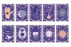 La astrología mística establece cartas mágicas sobre fondo estrellado, objetos y símbolos esotéricos. Luna y sol, talismanes, amuletos y una mano para la clarividencia del futuro. ilustración vectorial en un estilo plano vector