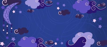 Celestial esoteric banner with clouds and moon in blue night colors.Stars and curled clouds in a flat style. Place for your text. Mystical astrology banner. Vector illustration