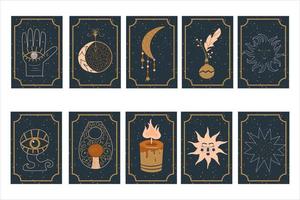 Mystical astrology set magic cards on starry background esoteric objects and symbols.Moon and sun, talismans, amulets and a hand for clairvoyance of the future. Vector illustration in a flat style