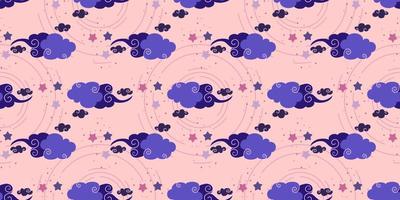 Mystical background with curls on the clouds.Magic astrology and the starry sky. Vector illustration for baby textiles. Seamless pattern for kids.
