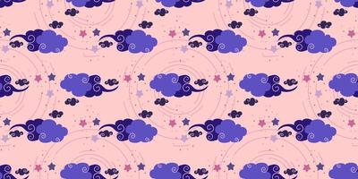 Mystical background with curls on the clouds.Magic astrology and the starry sky. Vector illustration for baby textiles. Seamless pattern for kids.