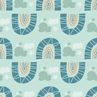 Seamless pattern with rainbows, clouds and stars. Cute endless pattern for kids textiles in handdrawn organic style. Vector illustration in flat style.