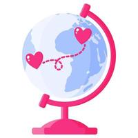 Desktop Earth globe with route and heart. Wedding and valentine day concept. vector