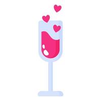 copa de vino o champagne con corazones. concepto de boda y día de san valentín. vector