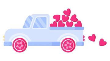 camión azul con corazones boda y concepto de día de San Valentín. vector